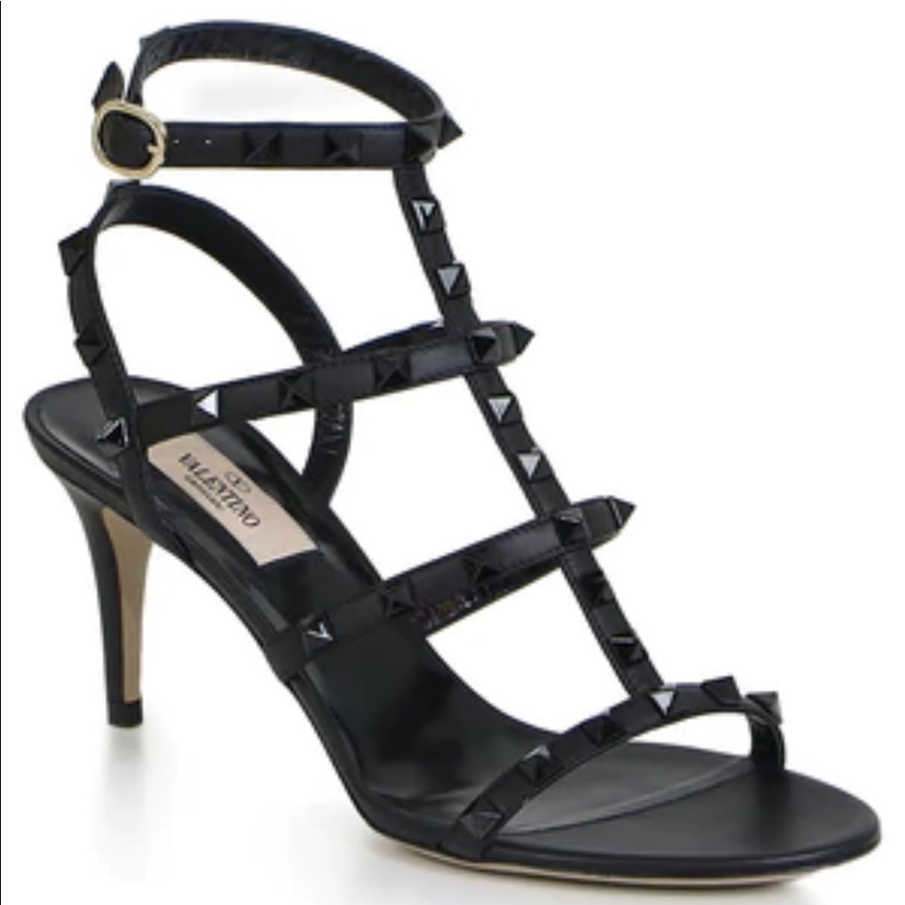 Valentino Black on Black Rockstud, Four Strap, 70mm Kitten Heel